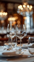 A high-end restaurant table setting with crystal wine glasses, silverware and cutlery under the soft glow of chandeliers.