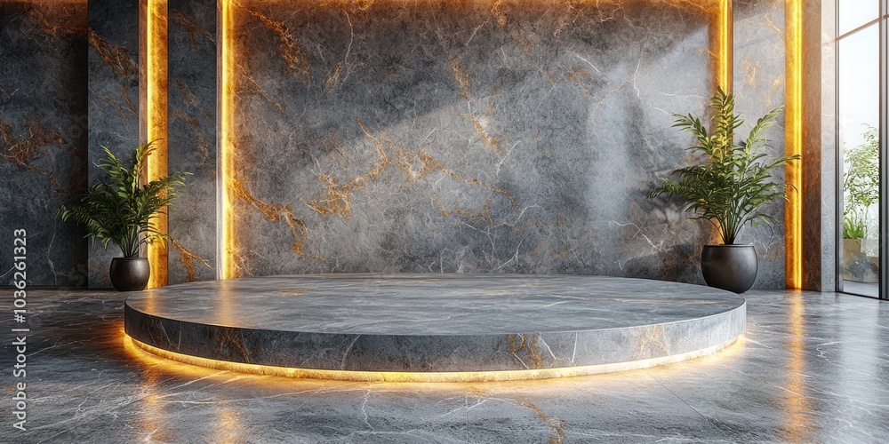 Poster illuminated marble platform with plants and window