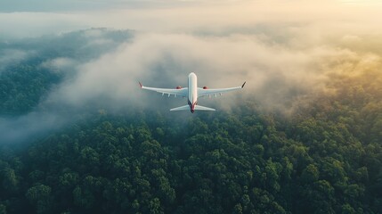 Airplane Flying Over Lush Green Forest Below