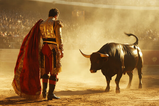 Matador standing confidently in a bullfighting arena, with a bull in the background
 - Powered by Adobe