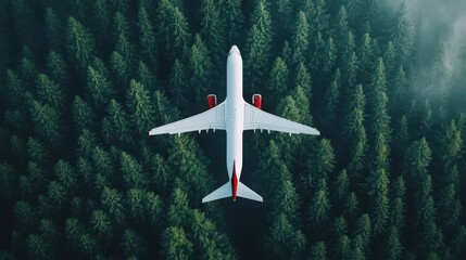Fototapeta premium Airplane Flying Over Lush Green Forest Landscape