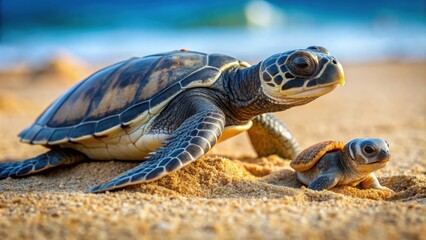 Obraz premium Father turtle helping his hatchling emerge from the sand , father, turtle, hatchling, baby, sand, beach, family, parenting, care