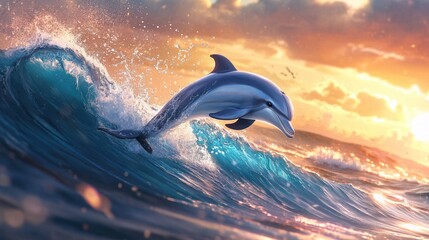 Fototapeta premium Dolphin Leaping Through Ocean Waves at Sunset