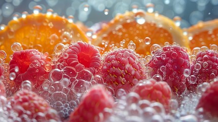Close Up of Fresh Raspberries and Orange Slices in Water