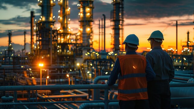 Two engineers are discussing the development of an industrial project against the backdrop of a large industry