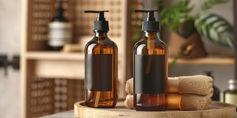 Obraz premium Close-up photography product shoot two amber pump bottles with black labels in bathroom interior scene. Brown pastel tones