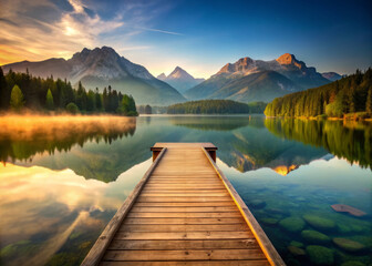 serene wooden dock extends into still lake, reflecting majestic mountains and lush forests. tranquil scene evokes sense of peace and natural beauty