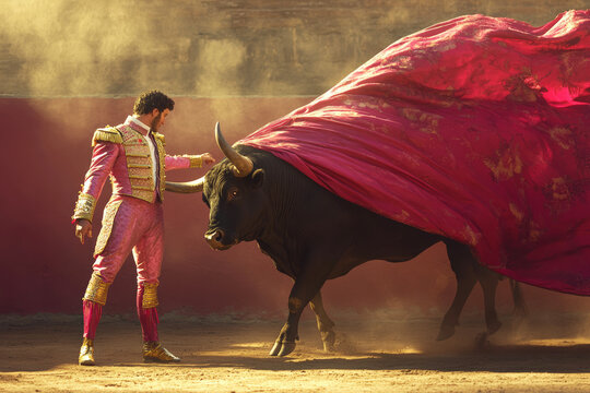 Matador skillfully controlling the bull with a red cape during a bullfight
