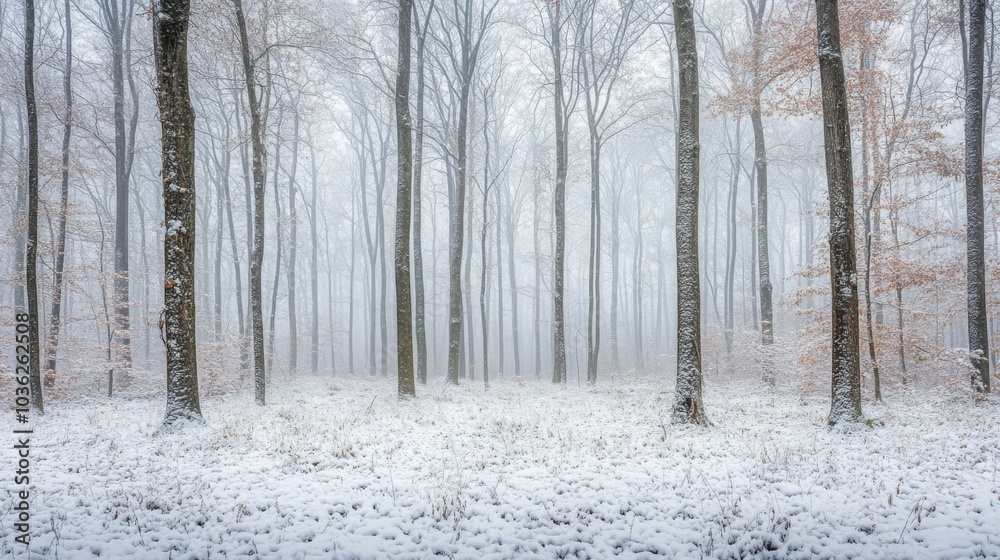 Aufkleber A snowy forest with tall, bare trees and a thick layer of fresh snow on the ground. The air is hazy with fog, creating a mystical atmosphere.