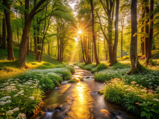 Fototapeta premium serene forest scene where soft golden light spills across tranquil forest floor, illuminating gentle stream surrounded by lush greenery and blooming flowers