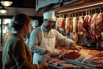 Butcher in a traditional shop serving a customer with fresh cuts of meat