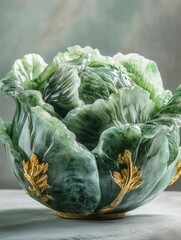 Jade Masterpiece: A 4K Close-Up of a Green Jade Cabbage with Gilded Elegance
