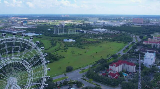 drone footage of the ferris wheel in icon park in orlando florida
