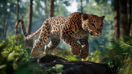 Fototapeta premium A majestic leopard with a powerful stance, poised to leap from a tree root, with a blurred background of lush greenery and sunlight filtering through the trees.