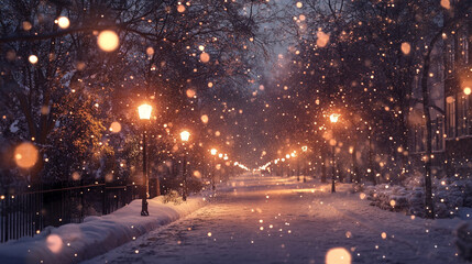 Snowy Night Path with Street Lights and Falling Snow