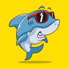 Naklejka premium Smiling Shark Cartoon Mascot Character With Sunglasses