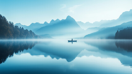 Fototapeta premium 霧の湖と孤独な釣り人