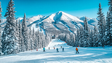 Skiers on a Snowy Mountain Slope with a View of the Summit
