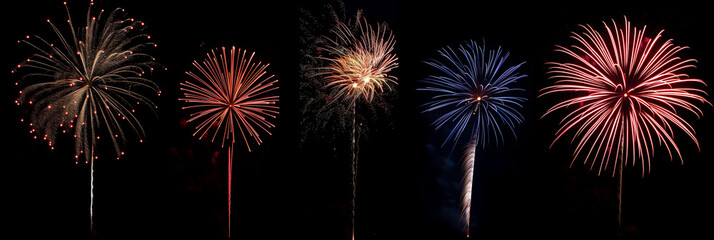 Fototapeta premium Fireworks illuminate sky, colorful patterns burst forming festive celebration display. AI generated