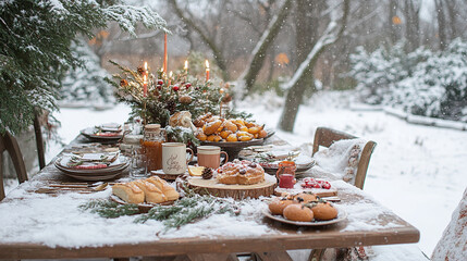 Winter Wonderland Table Setting with Candles and Snowfall