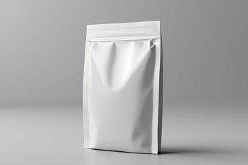 Simple white packaging bag showcased on a minimalist gray background in a studio setting