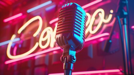 Fototapeta premium Laughter in the Limelight: Stage Microphone Beside Neon Comedy Sign