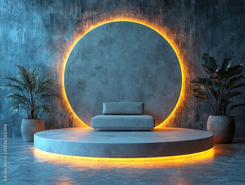 Poster concrete platform with yellow lighting and plants in a minimalist setting