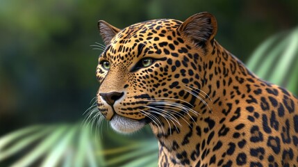 Obraz premium A close-up portrait of a majestic leopard with a sharp gaze, its spotted fur blending seamlessly with the lush green foliage of its jungle habitat.
