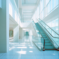 Obraz premium A modern hospital interior with glass walls, a white and light blue color scheme, featuring an escalator in the background