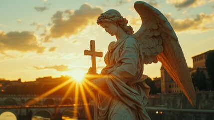 A dramatic shot of the Statue of the Angel with the Cross at Ponte Sant'Angelo Bridge, with the sun setting behind it, casting a warm golden glow across 