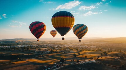 Naklejka premium A drone shot of a hot air balloon festival, with colorful balloons rising into the sky against a backdrop of a wide-open landscape.