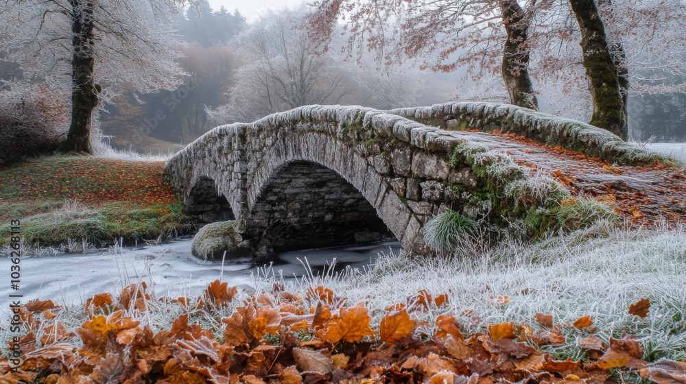 Poster a beautiful stone bridge spans across a gently flowing river, surrounded by frosty trees and colorfu
