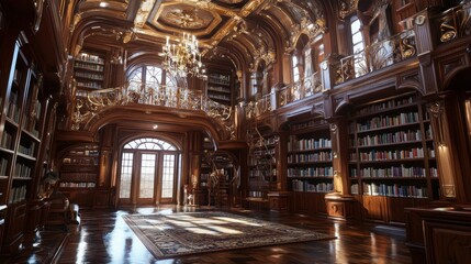 Obraz premium A grand, ornate library with towering bookshelves, a chandelier, and a balcony overlooking the room. The room is bathed in warm sunlight streaming through large windows.