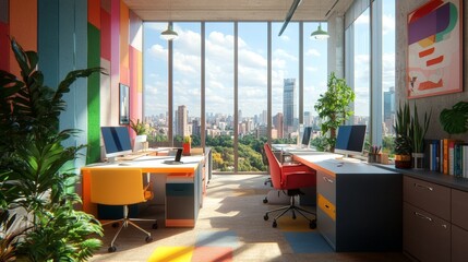 Fototapeta premium A dynamic startup office with colorful workstations, modern furnishings, and floor-to-ceiling windows offering a panoramic view of the urban landscape.