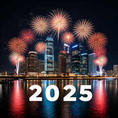 Fireworks light up the night sky over the bustling city, reflecting on the river below as part of the New Year celebrations. Happy New Year 2025
