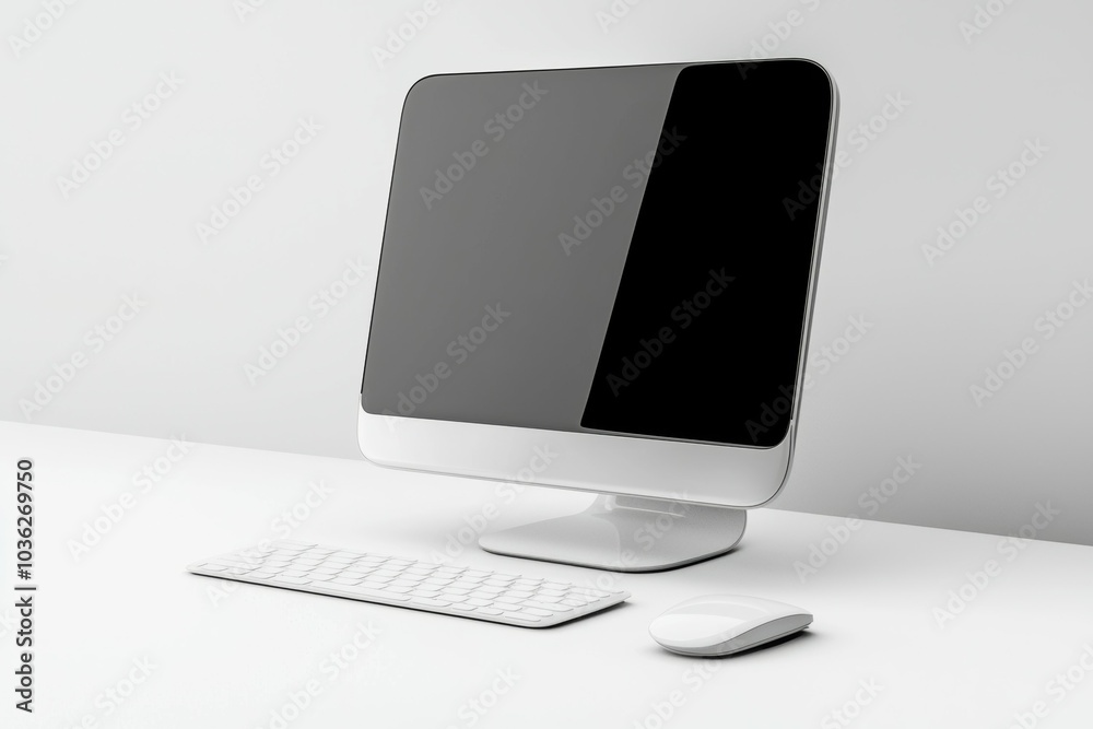 Wall mural A computer monitor sits on a white desk with a keyboard and mouse