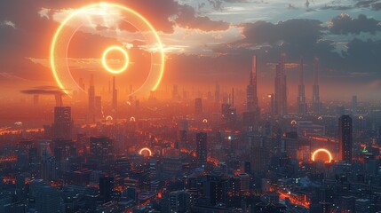 Obraz premium A futuristic cityscape at sunset with glowing rings and towering skyscrapers.