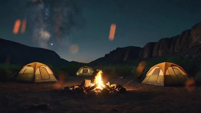 A campsite and a campfire in the middle of the forest at night. Seamless 4K looping timelapse video animation background