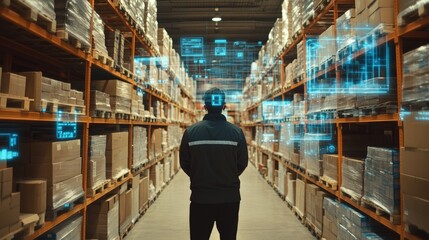 A fully integrated AR system in a warehouse, where workers use augmented reality to identify and pick packages, with digital displays floating above each item, making 