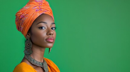 An elegant portrait featuring bright colors of cultural clothing with a soft focus on the green behind.