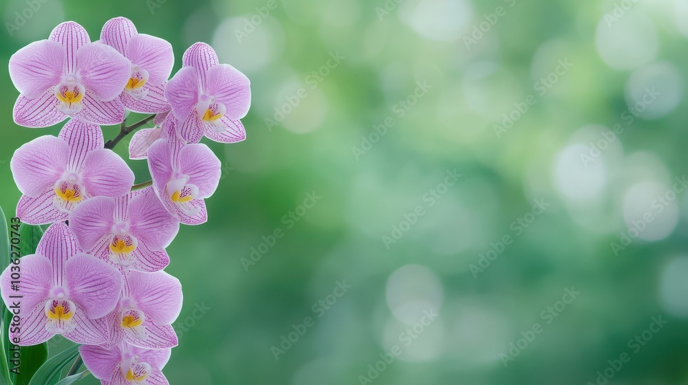 Sticker Vibrant striped orchids in purple and yellow bring a splash of color, set against a beautifully soft background.