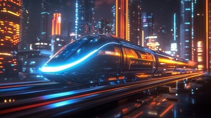Fototapeta premium A futuristic maglev train speeding past an urban skyline at night, with neon lights reflecting off its smooth, streamlined body.