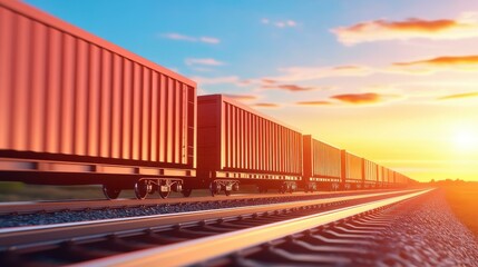 Fototapeta premium A vibrant red freight train chugs through serene countryside landscapes, surrounded by a soft, blurred backdrop.