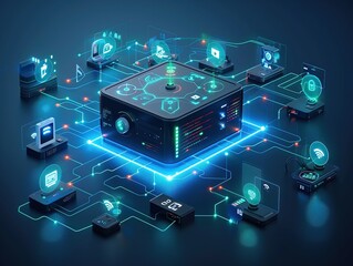 Fototapeta premium A futuristic data network with interconnected devices and digital icons.