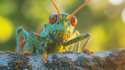 Fototapeta premium Discover the beauty of a green grasshopper up close, showcasing intricate details in its eyes and antennae, surrounded by nature.