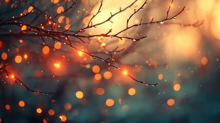 Experience a magical winter evening where festive lights blur through tree branches, creating an enchanting, cozy atmosphere at dusk.