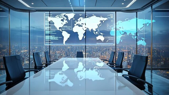 Futuristic office at top floor with holographic map background