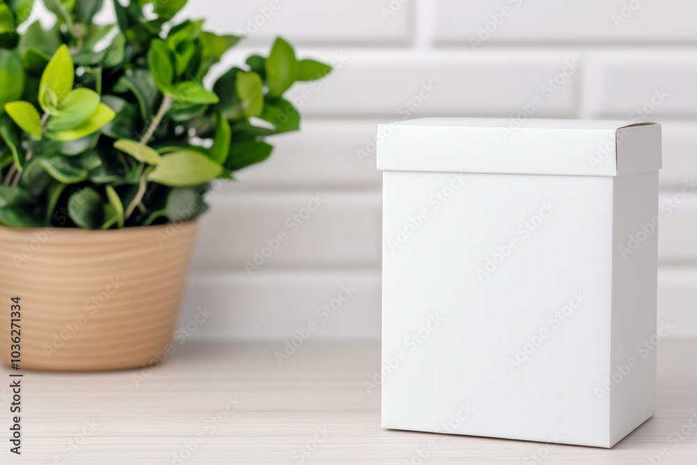 Wall mural A white box sits on a wooden table next to a potted plant