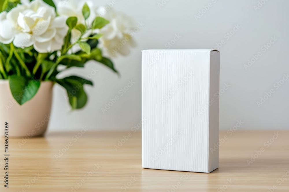 Sticker A white box sits on a wooden table next to a potted plant