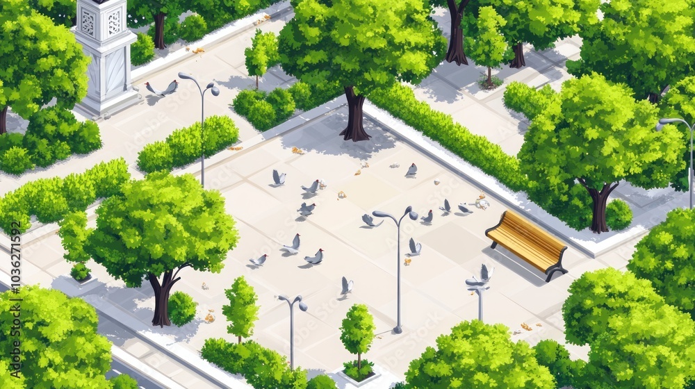 Wall mural an isometric view of a park with trees, a bench, pigeons and streetlights.